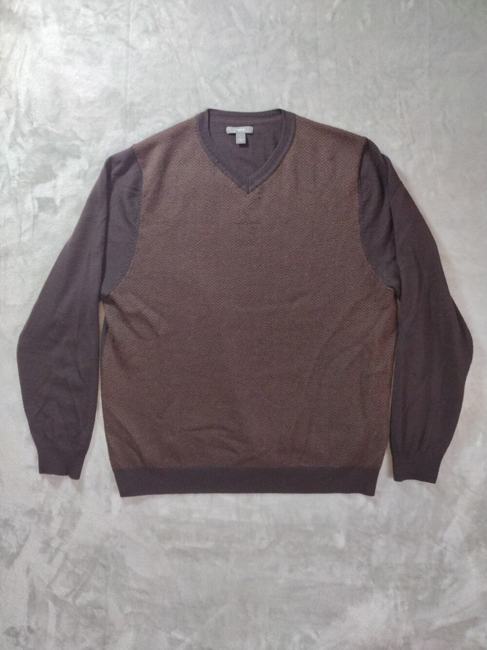 Apt. 9 Merino Wool Sweater Mens L Brown V-Neck Chevron Academia Eclectic Grandpa